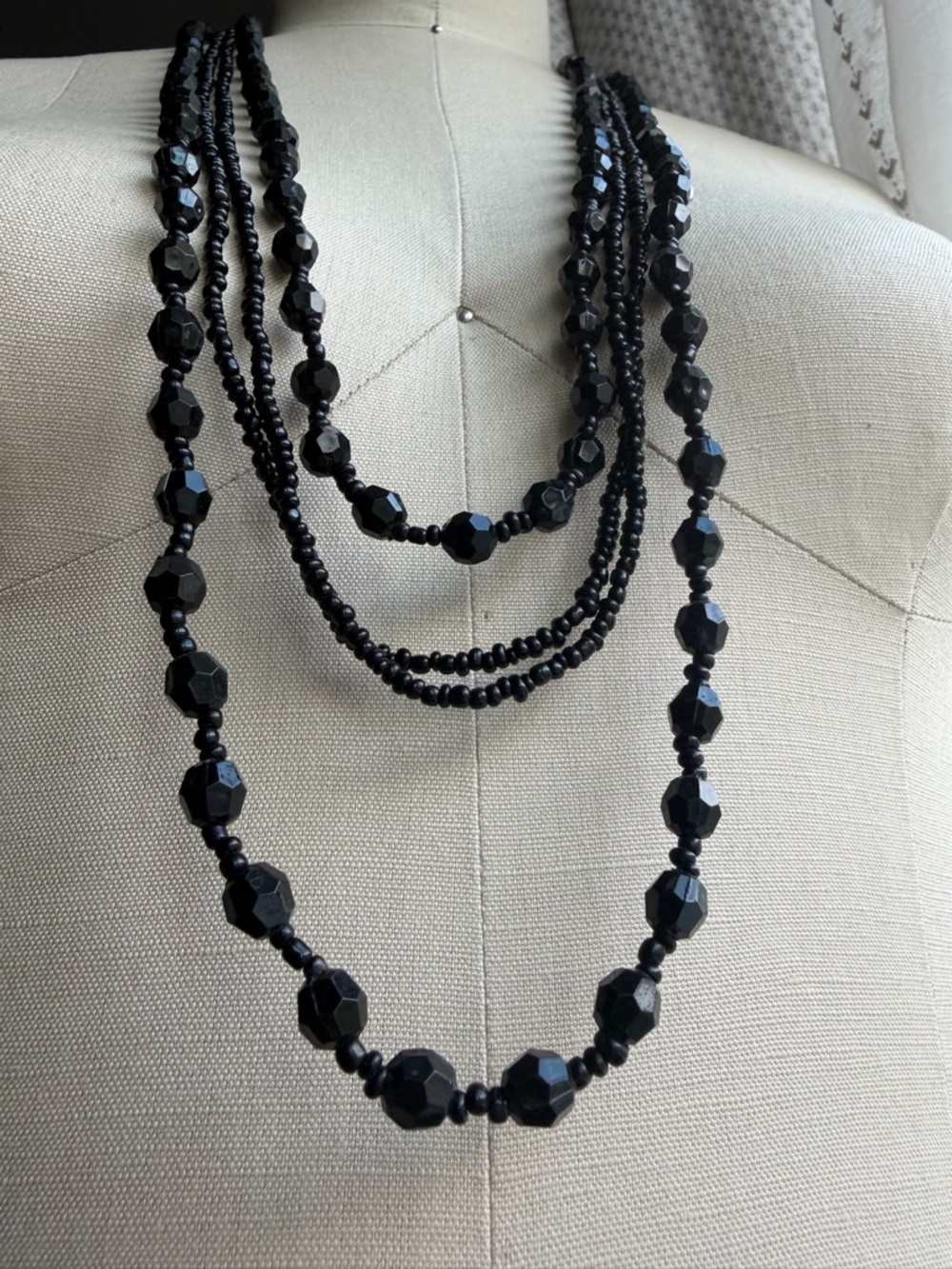Black Multi-Strand Faceted & Seed Beaded Necklace